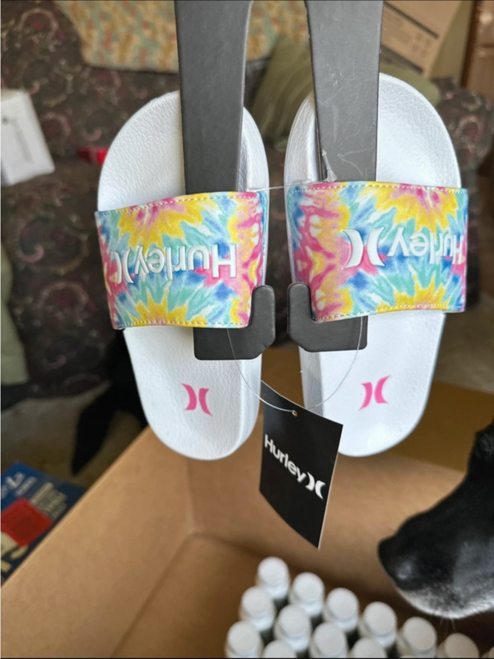 Hurley Kids Tie-Dye Strap Slide Sandals in White and Multicolor